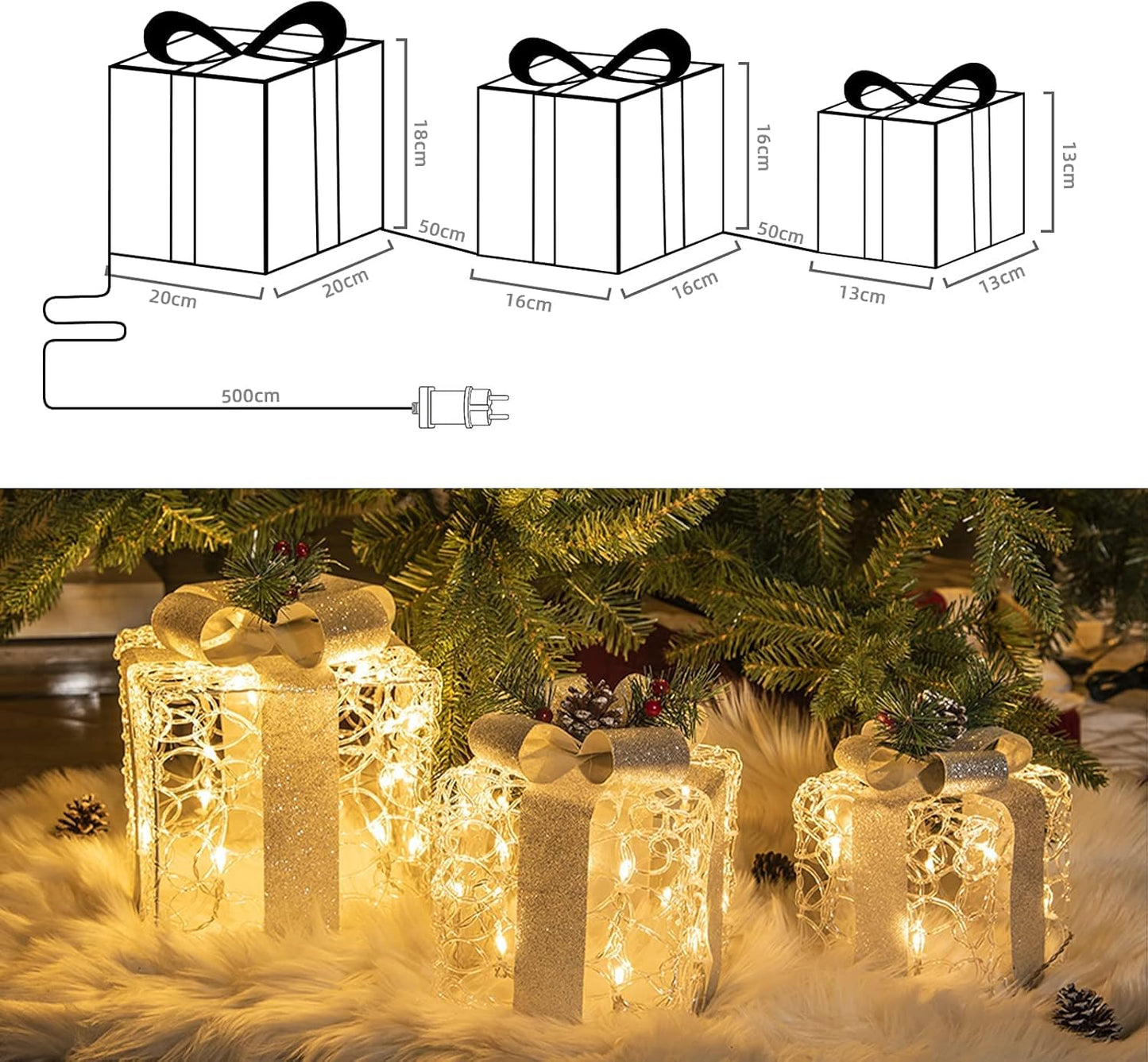 3er-Set LED-Weihnachtsgeschenkboxen, Weiss Acryl