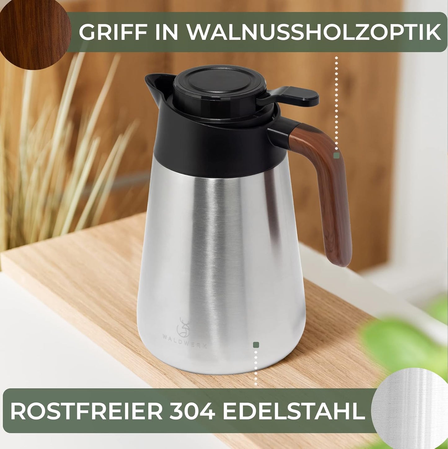 Thermoskanne mit tropffreiem Ausguss, 1.5 Liter, Edelstahl