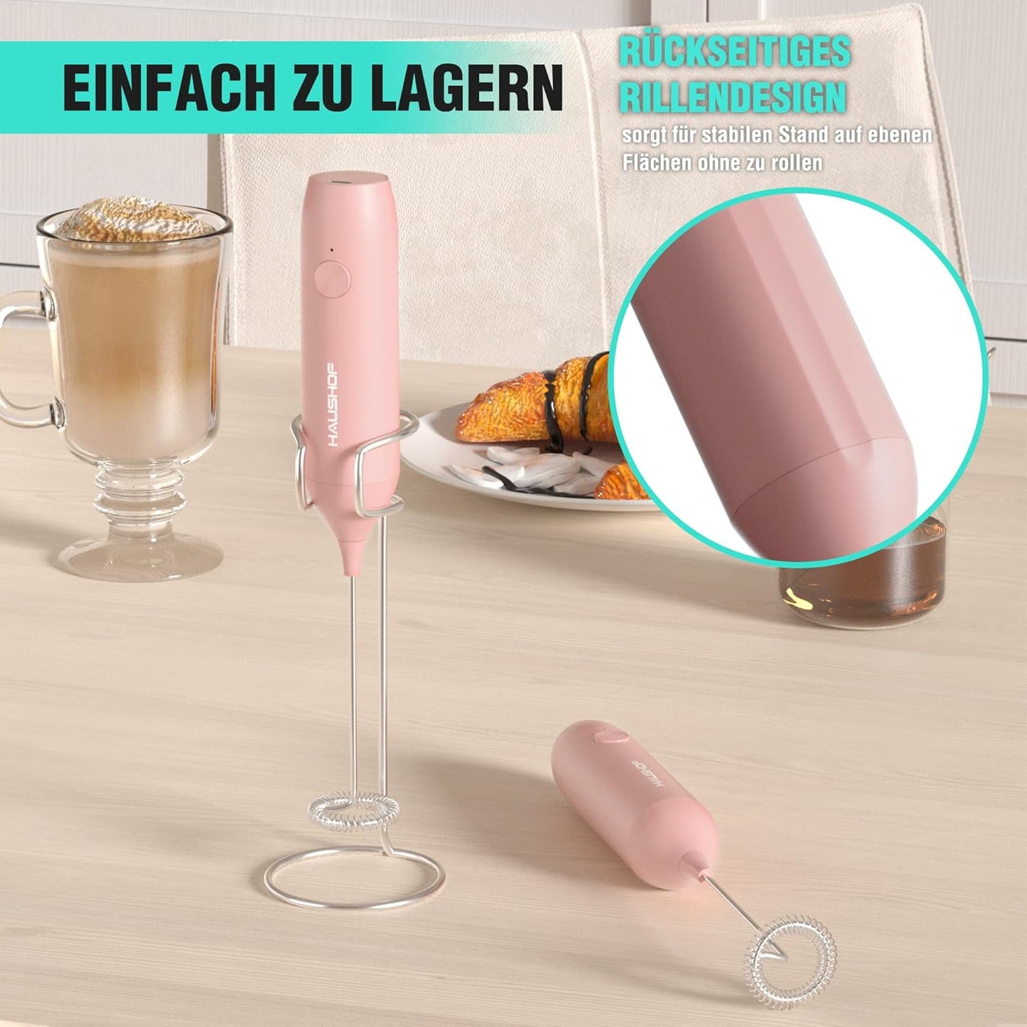 Hand-Milchschäumer mit Ständer, Rosa