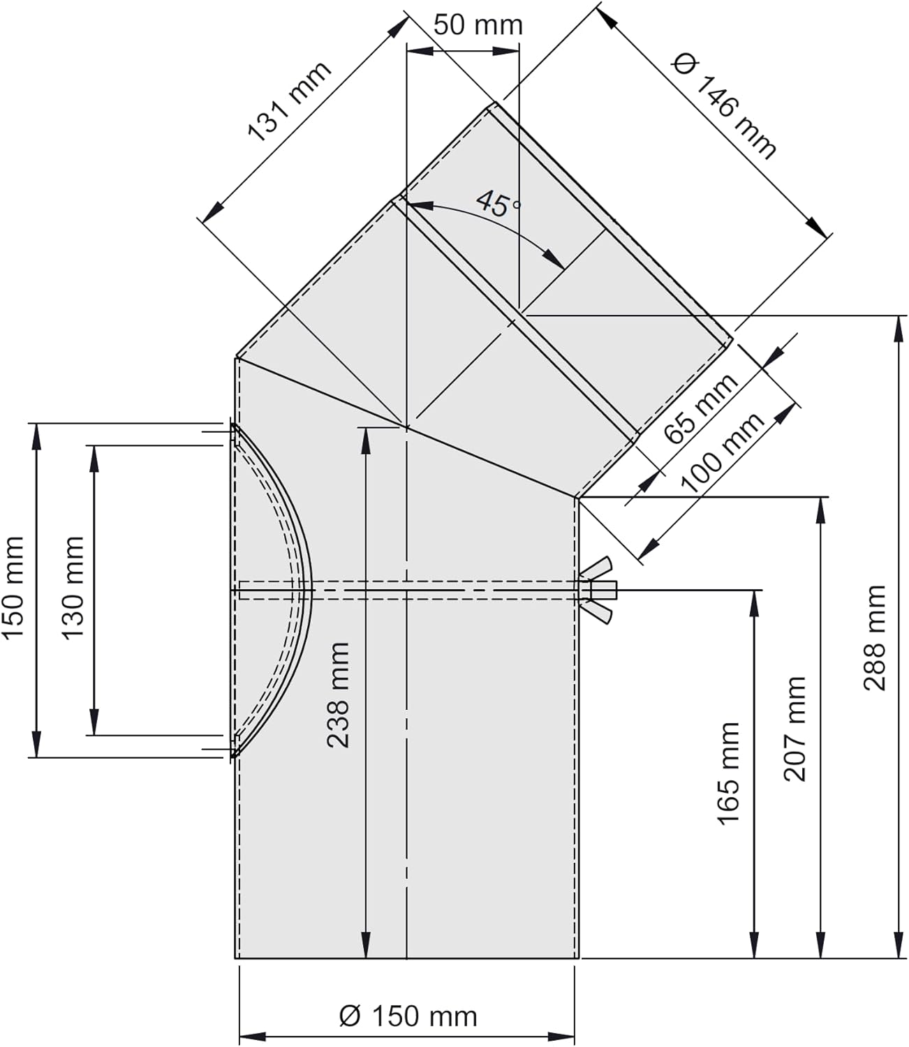 Ofenrohr-Bogen 45° mit Tür 150 mm, Bogen 45° mit Tür - Ø 150 mm Schwarz