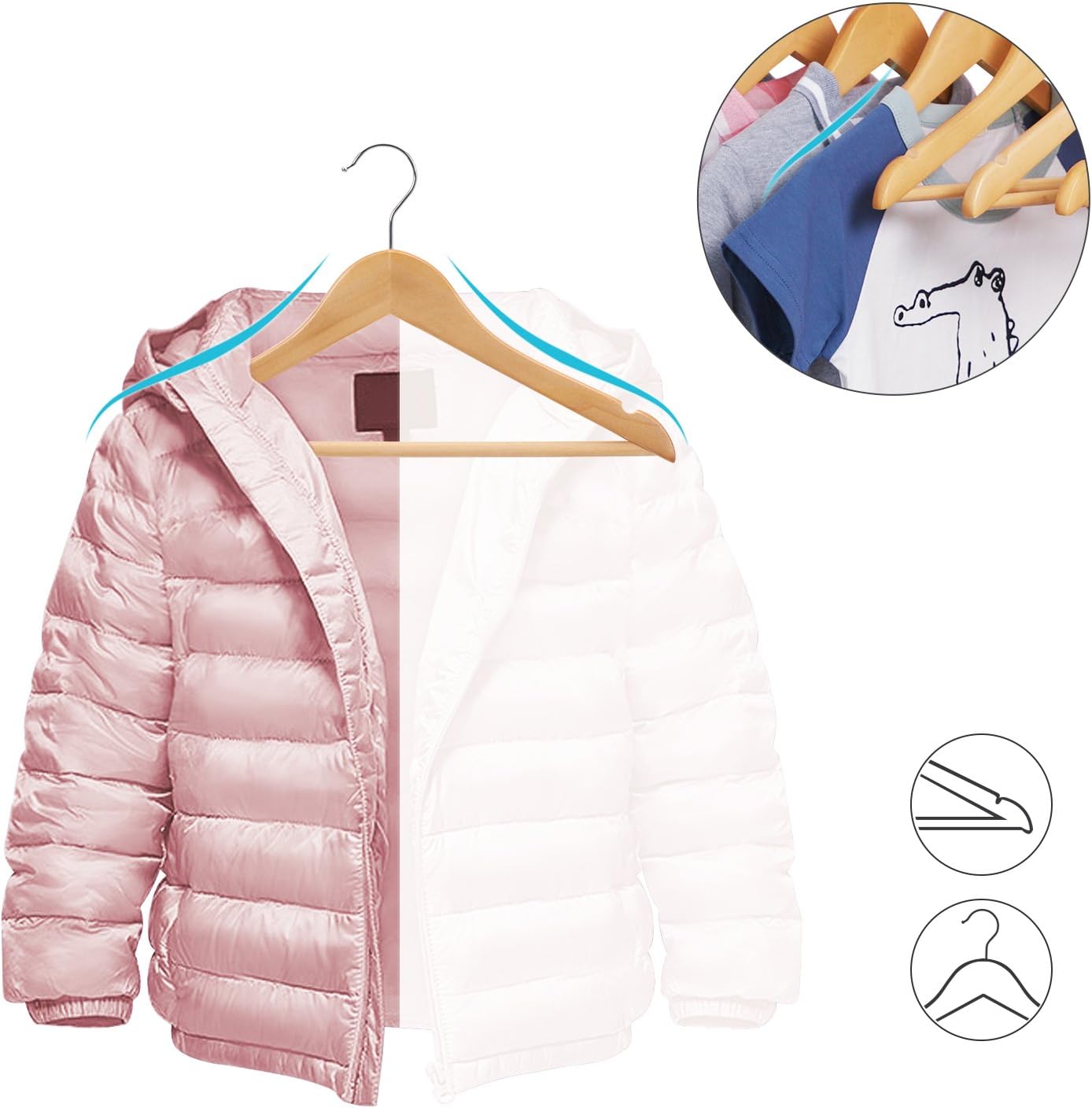 20-teiliges Kinderkleiderbügel-Set mit Hosensteg, Naturfarbe + Silber