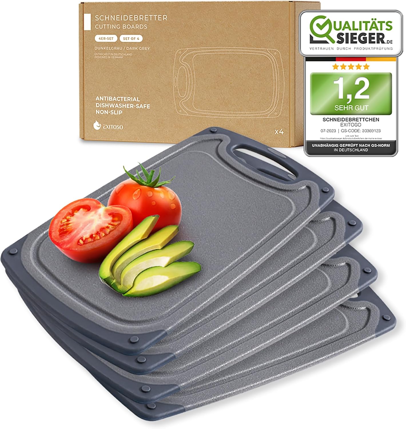 4-teiliges Frühstücksbrettchen-Set mit Saftrille, Grau 4 Stück - Grau