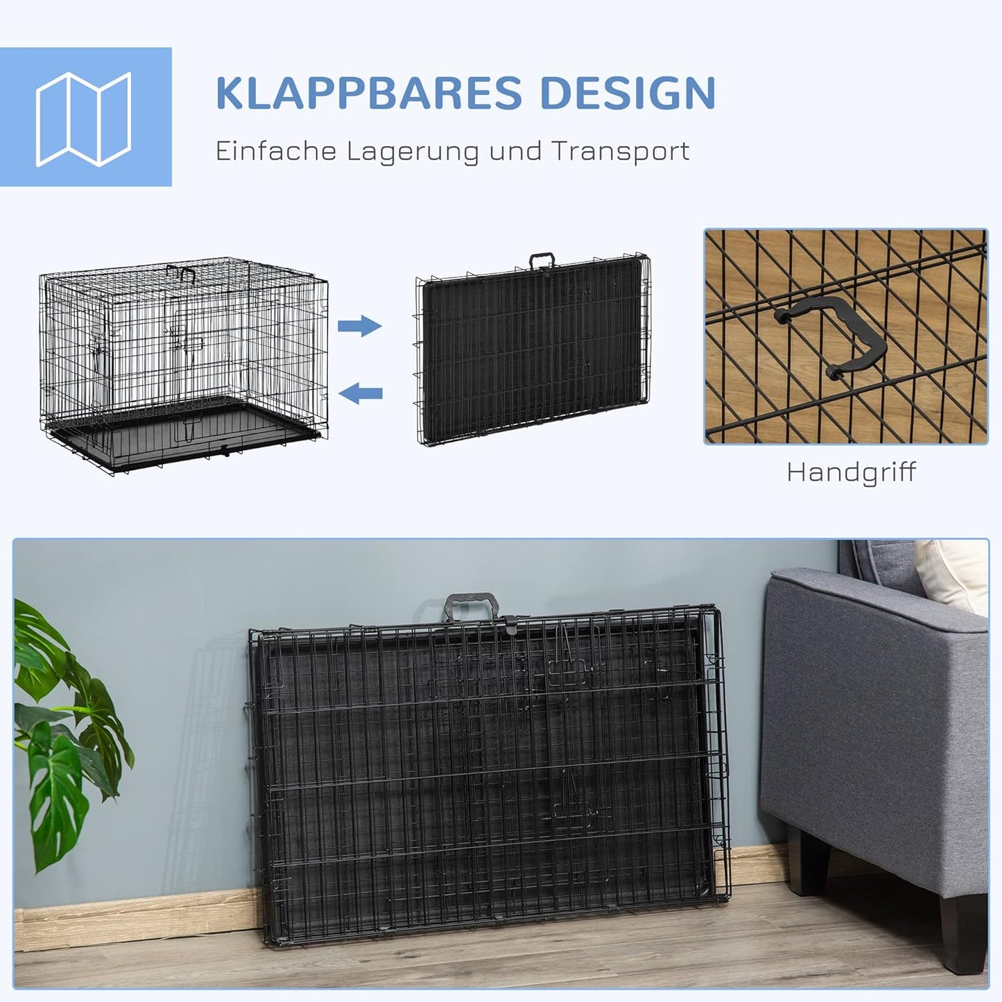 Hundetransportkäfig mit 2 Türen, schwarz L 92 x B 57 x H 63 cm