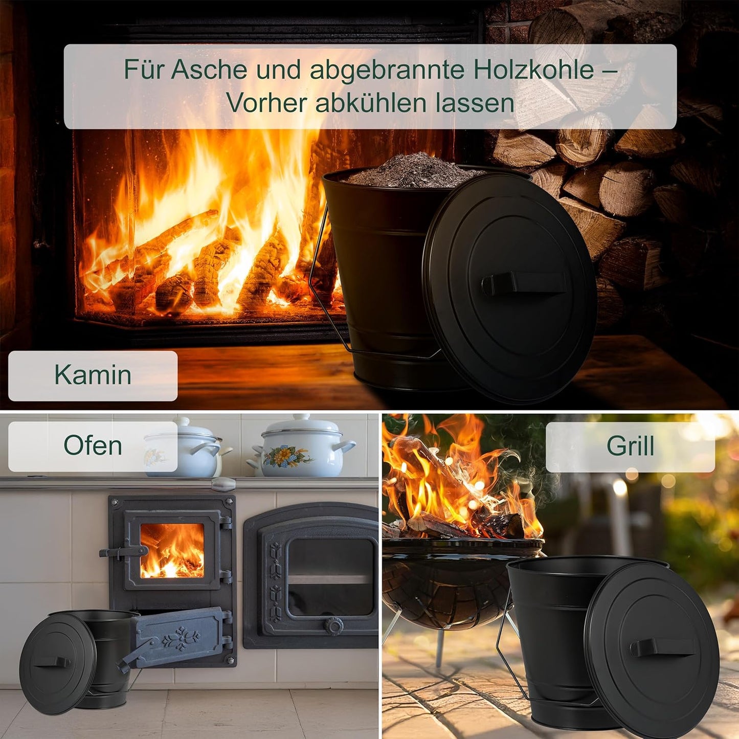 Ascheeimer mit Deckel und Henkel
