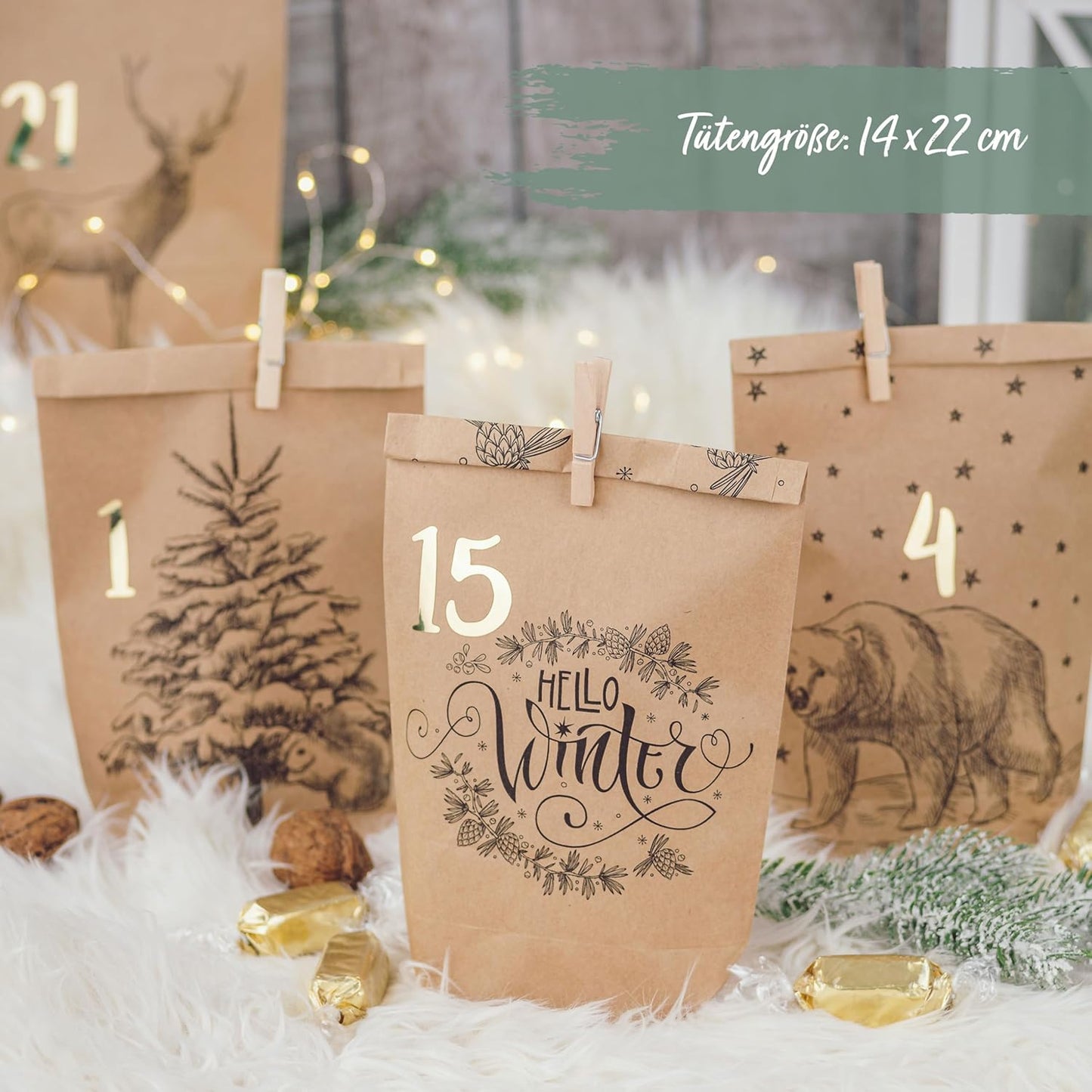 Adventskalender 2025 zum Befüllen (DIY-Set), Packpapier-schwarz