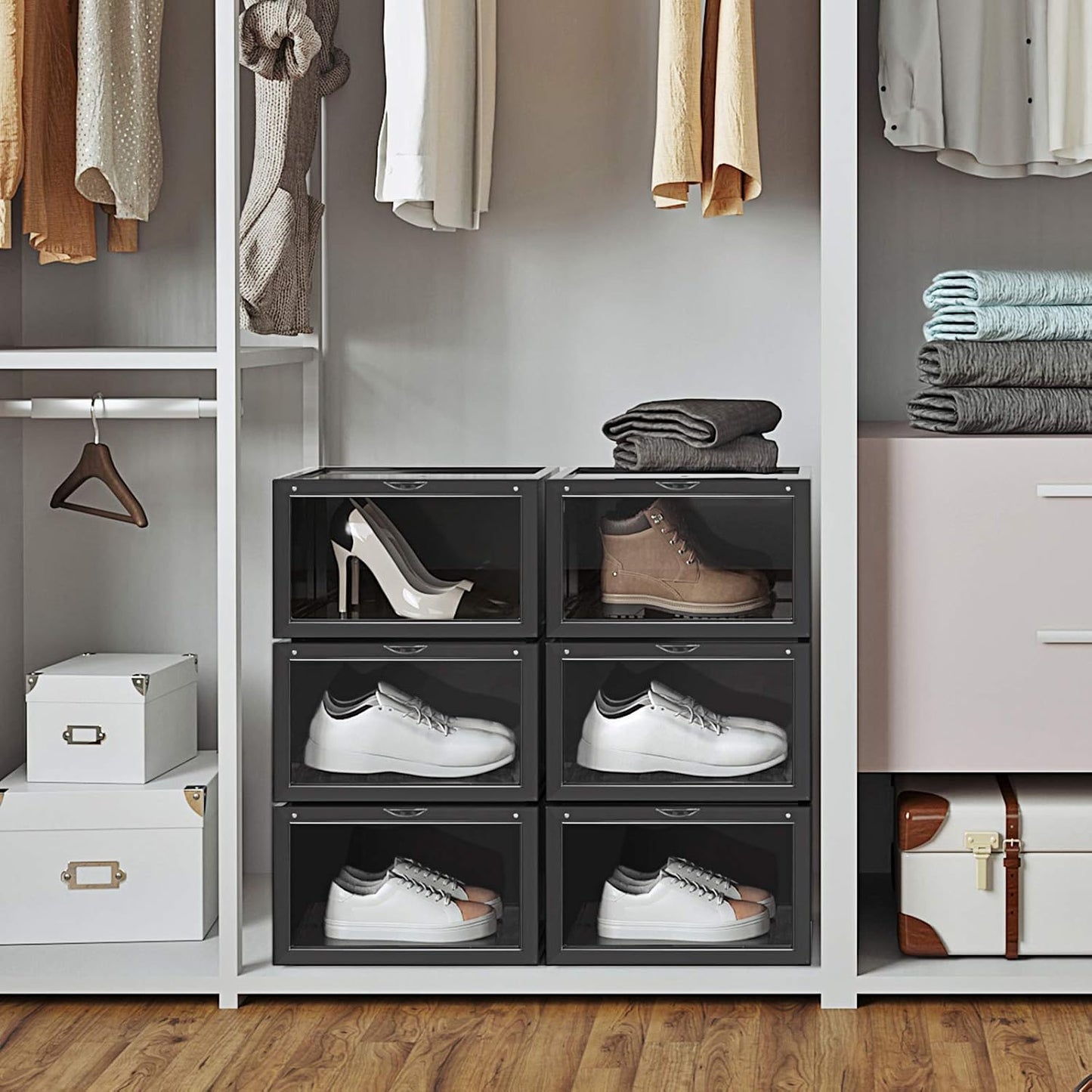 6 Stück Stapelbare Schuhboxen, Schwarz 6er Set