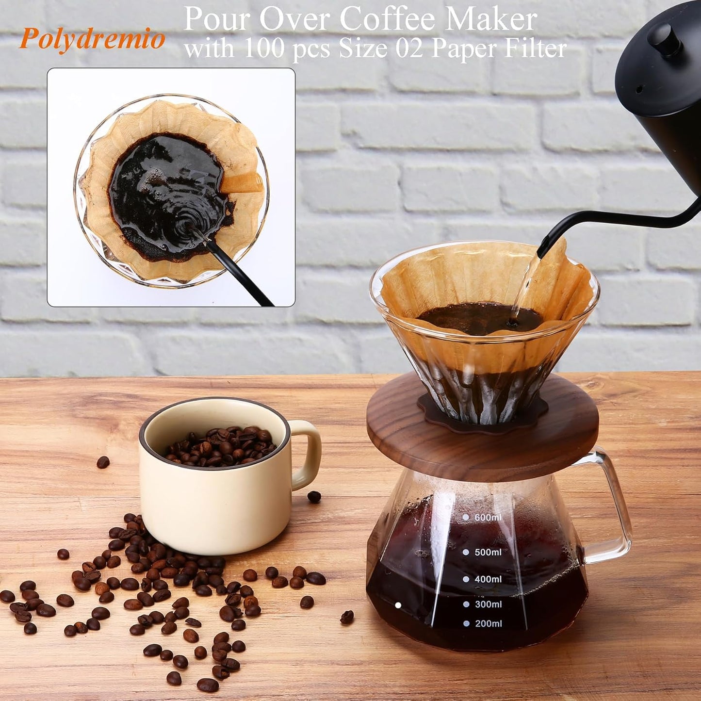 Pour Over Kaffeebereiter mit Papierfiltern, 600 ml(transparent)
