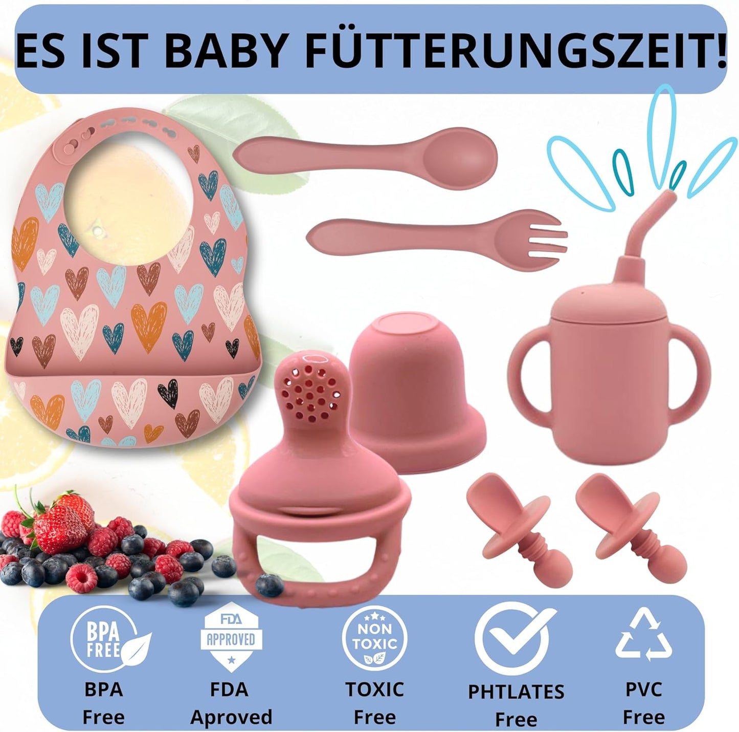 Baby-Geschirrset mit Saugnapf, Rosa