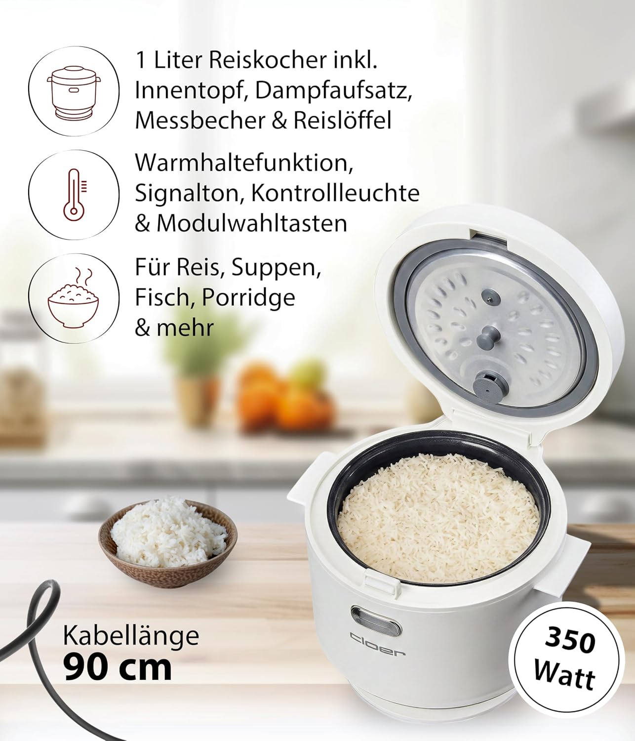 Reiskocher mit Dampfaufsatz und Warmhaltefunktion, Weiss