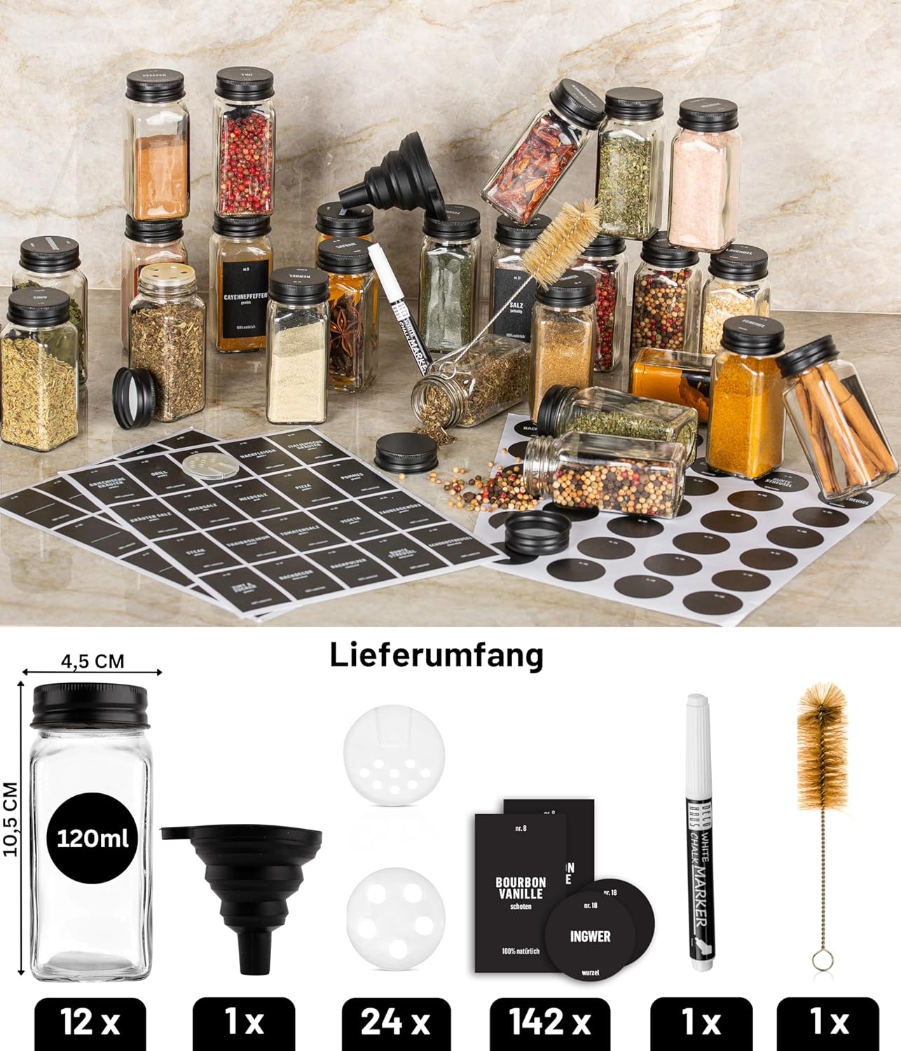 Gewürzgläser-Set mit Schraubkappe, 12 Stk., Deckel Alu, Schwarz