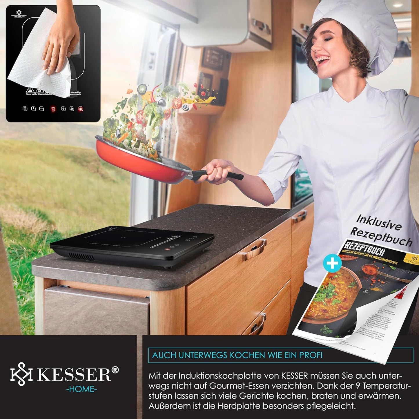Induktionskochplatte mit Rezeptbuch und Mikrofasertüchern