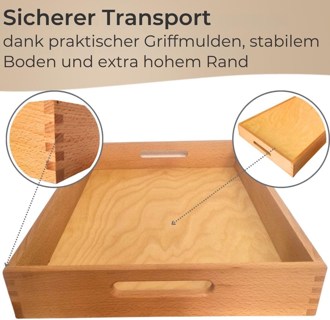 Serviertablett mit Griffen extra hoher Rand, Küchentablett Natur Büche Geölt
