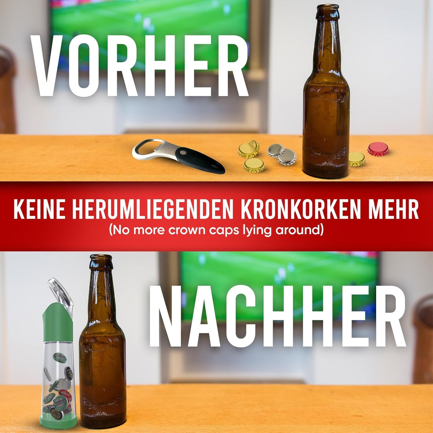 Flaschenöffner mit Auffangbehälter für Kronkorken, Grün