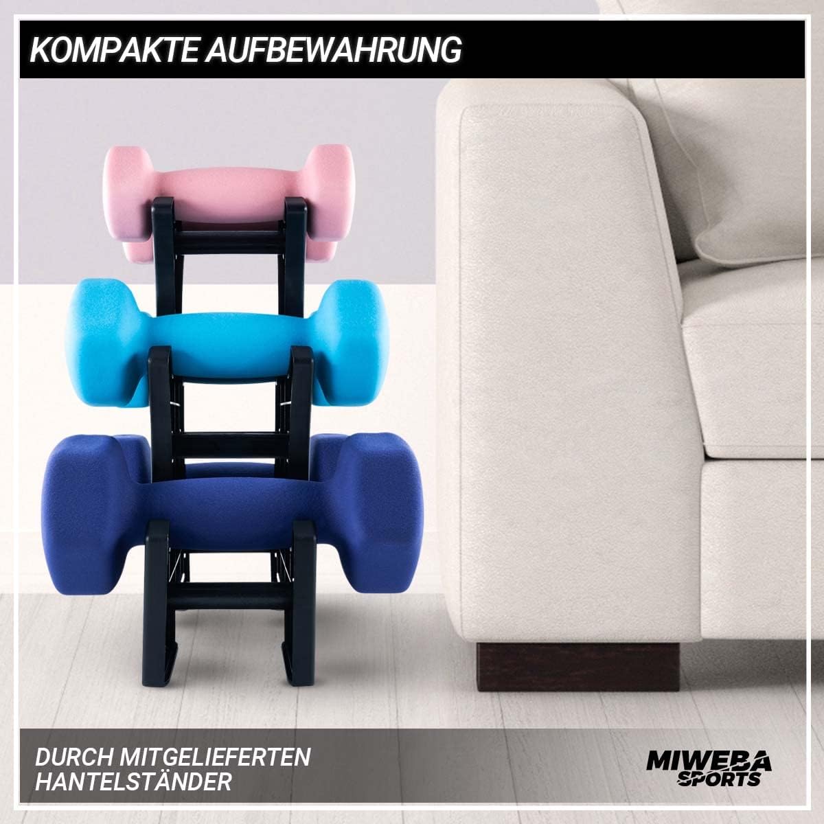 6-teiliges Hantelset inkl. Ständer, Rosa/Türkis/Königsblau