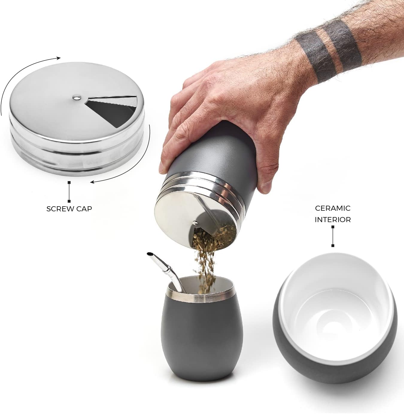 Yerba Mate Set mit Thermos und Bombillas, Grau
