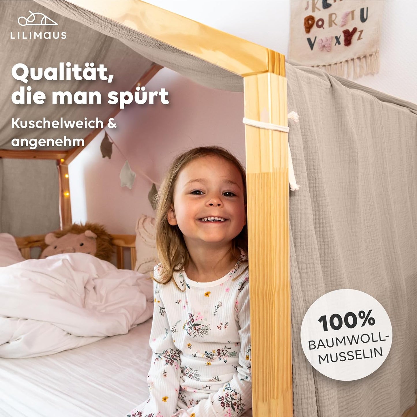 Handgefertigter Baumwoll-Vorhang für Hausbetten, Hellbeige 135 x 360cm ohne Goldapplikation