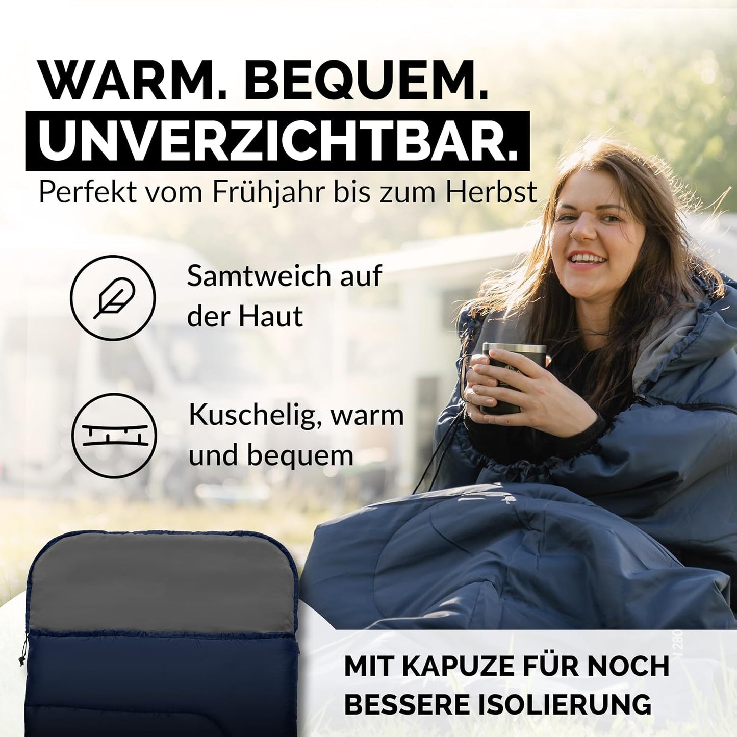 Deckenschlafsack mit Kapuze, Blau 280GSM, mit Kapuze