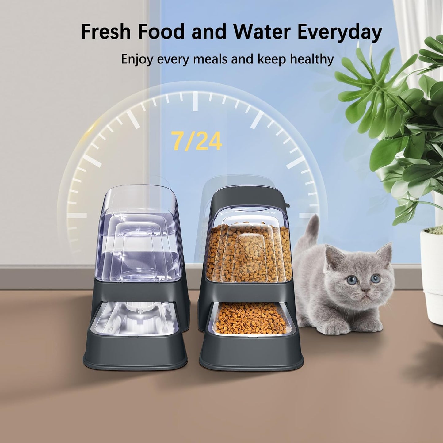 Automatisches Futter- und Wasserspender-Set, 3,5 l, Dunkelgrau