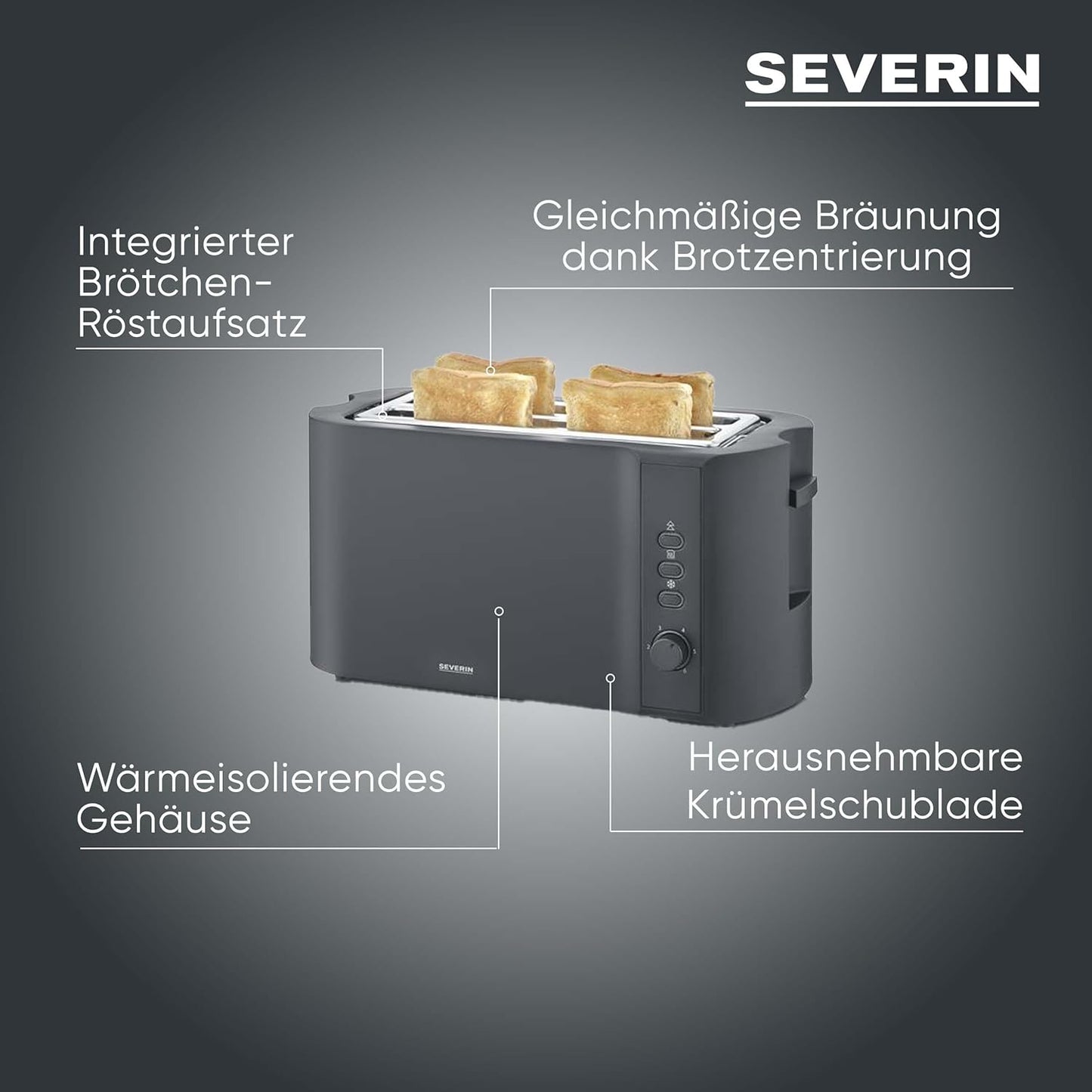 Langschlitz-Toaster für 4 Scheiben, Mattschwarz