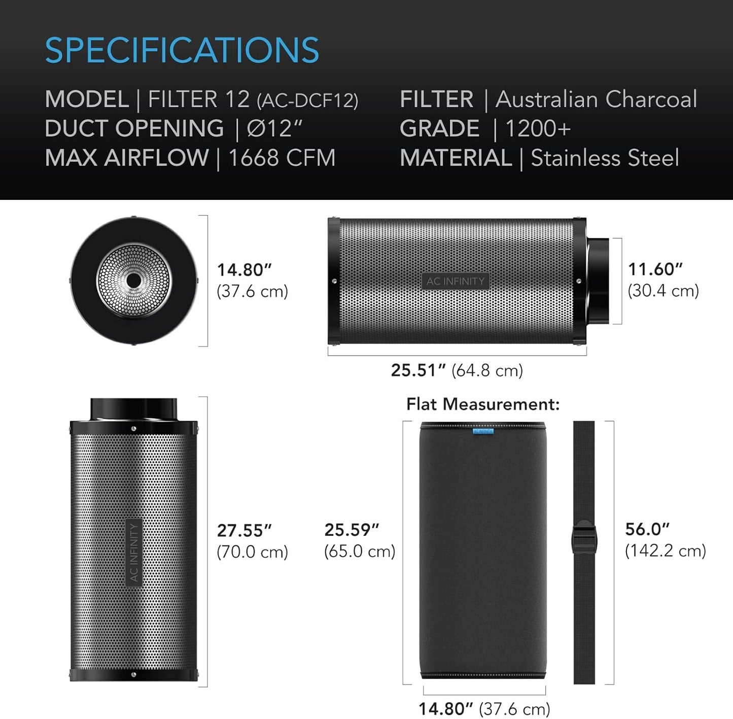 Aktivkohlefilter für Rohrventilatoren, 12-Inch