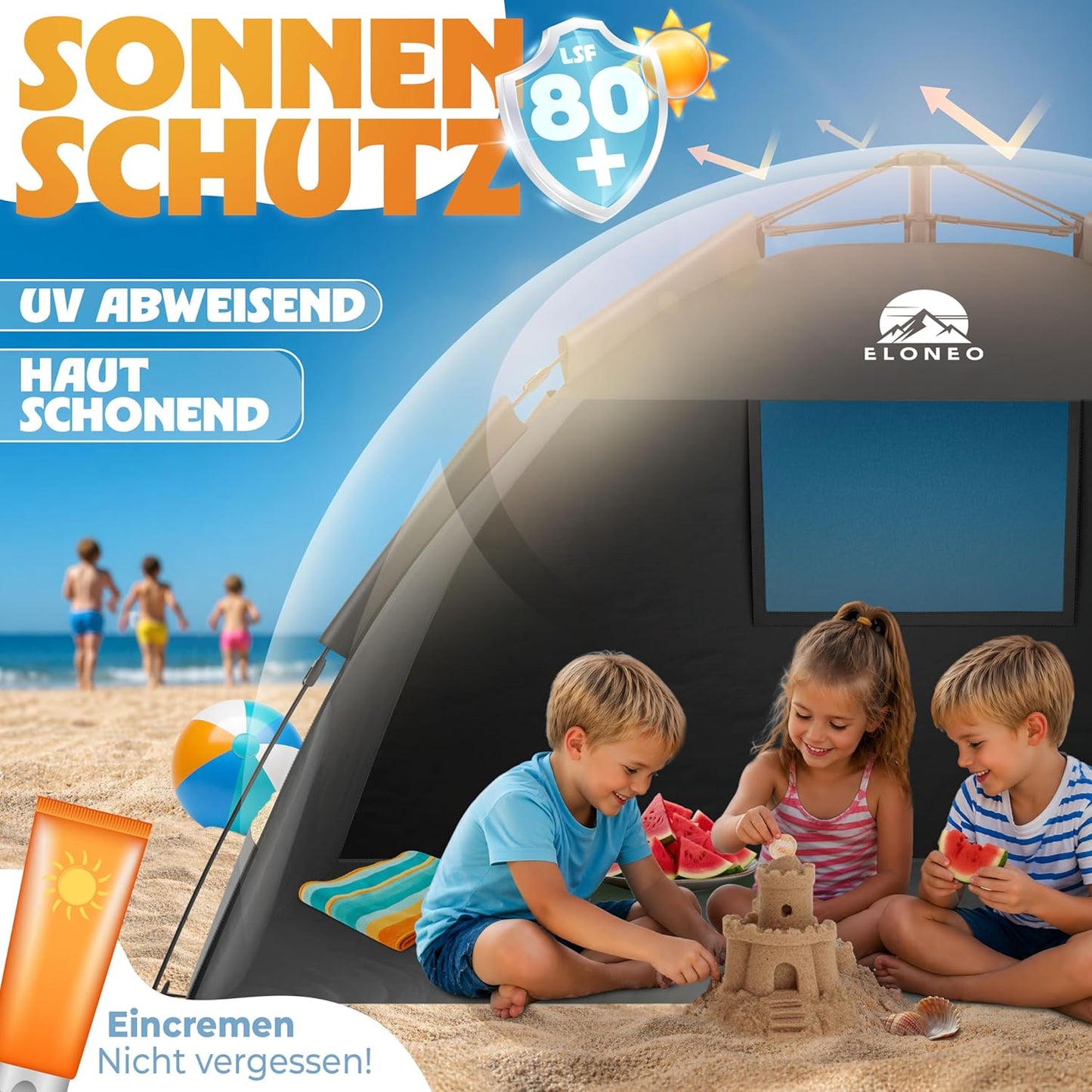 Pop Up Strandmuschel UV Schutz XXL 220x150x130 cm, Grau 220 x 150 x 130 cm