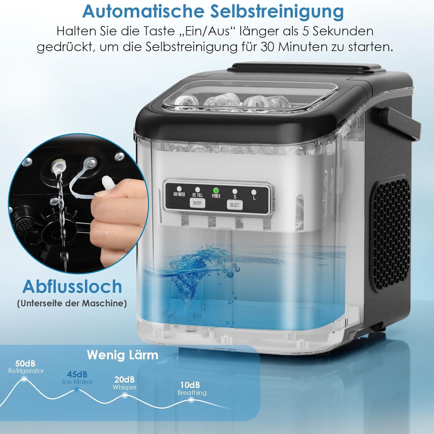 Eiswürfelmaschine mit Selbstreinigungsfunktion, Schwarz