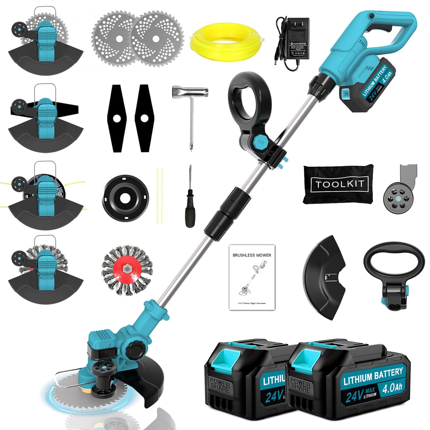 Akku-Rasentrimmer 4 in 1 mit Unkrautbürste und Klingen, Blau