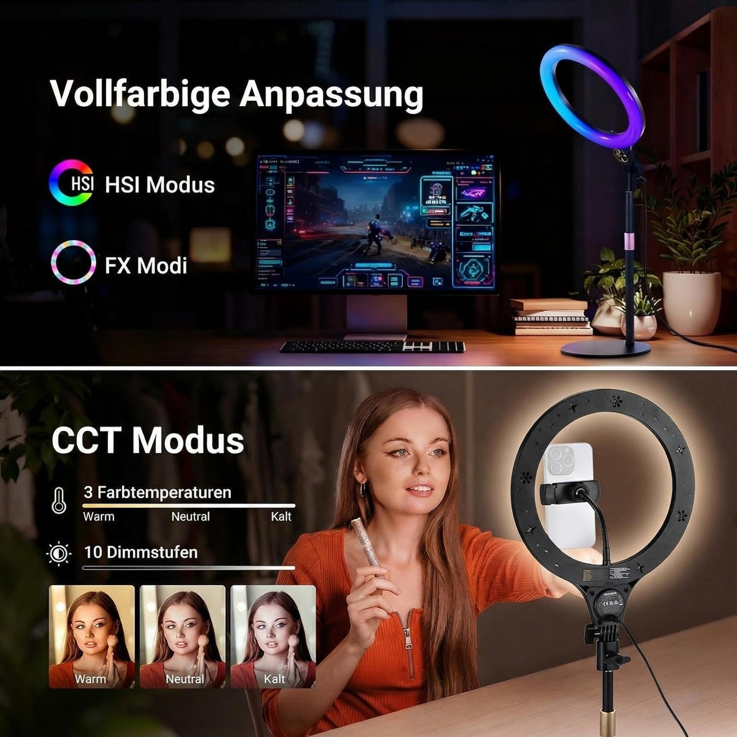 N37 RGB Ringlicht mit Ständer und Handyhalterung, Schwarz 10,5" RGB mit rundem Sockel