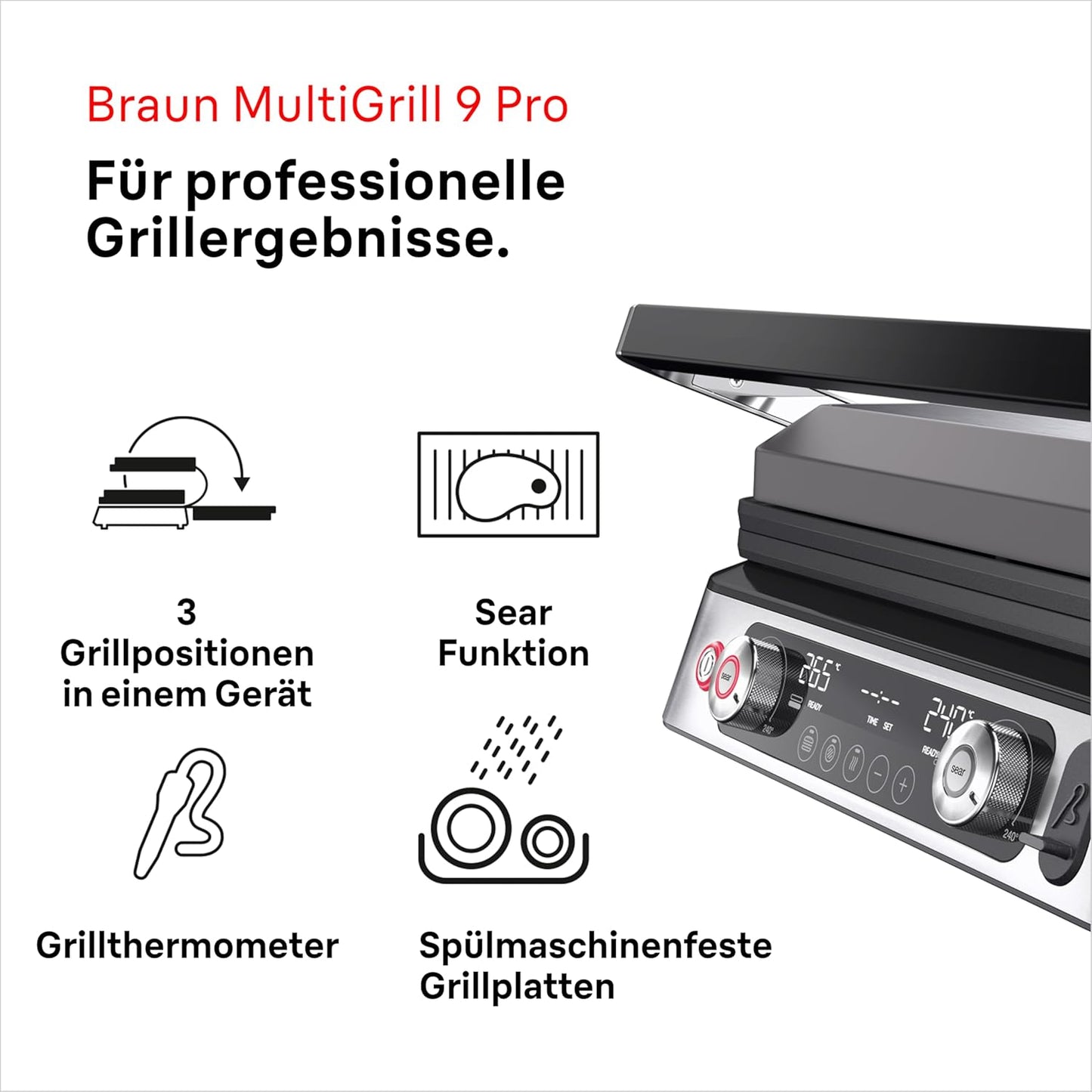 MultiGrill 9 Pro Kontaktgrill, 2 Grill-/2 Plancha-/2 Waffel-Platten, digitale Temperatureinstellung
