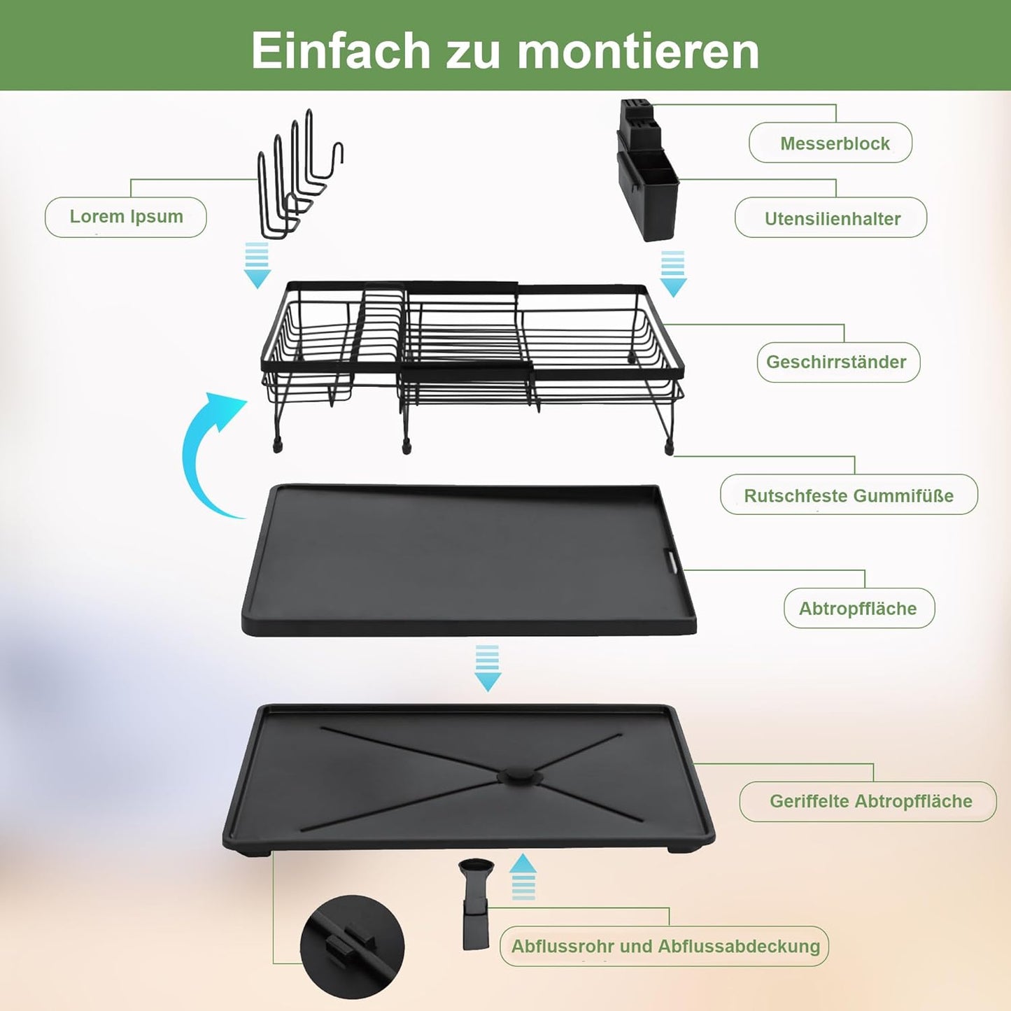 Erweiterbares Abtropfgestell für Küchentheke, Schwarz - Ausbaufähig