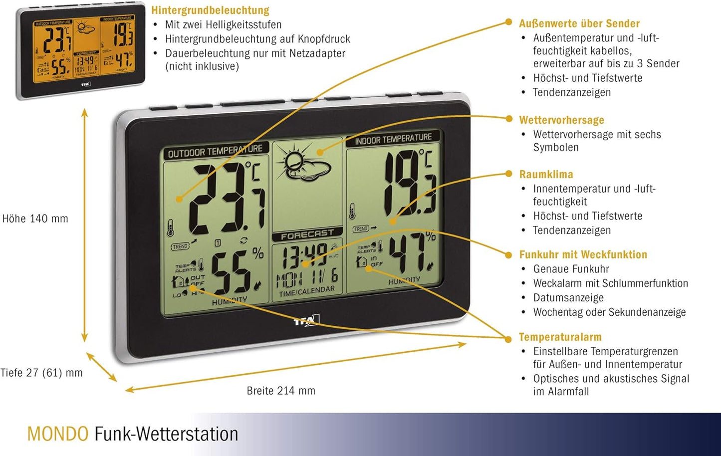 Mondo Funk-Wetterstation mit Aussensensor, Funkwetterstation