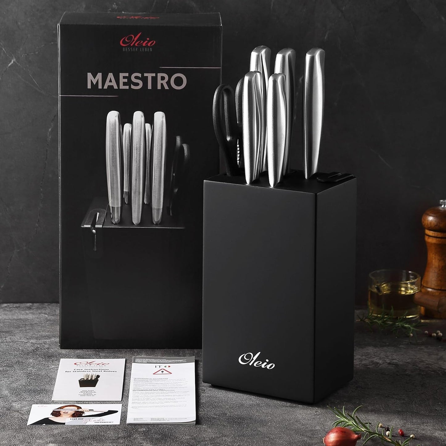 Maestro Küchenmesser-Set mit Messerblock, Block Akazienholz Schwarz mit Schere
