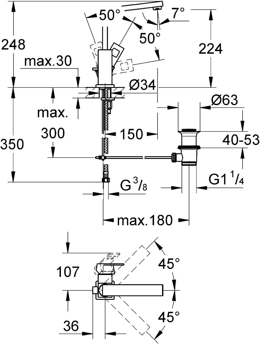 23135000 Eurocube Waschtischarmatur, L glatter Körper Single