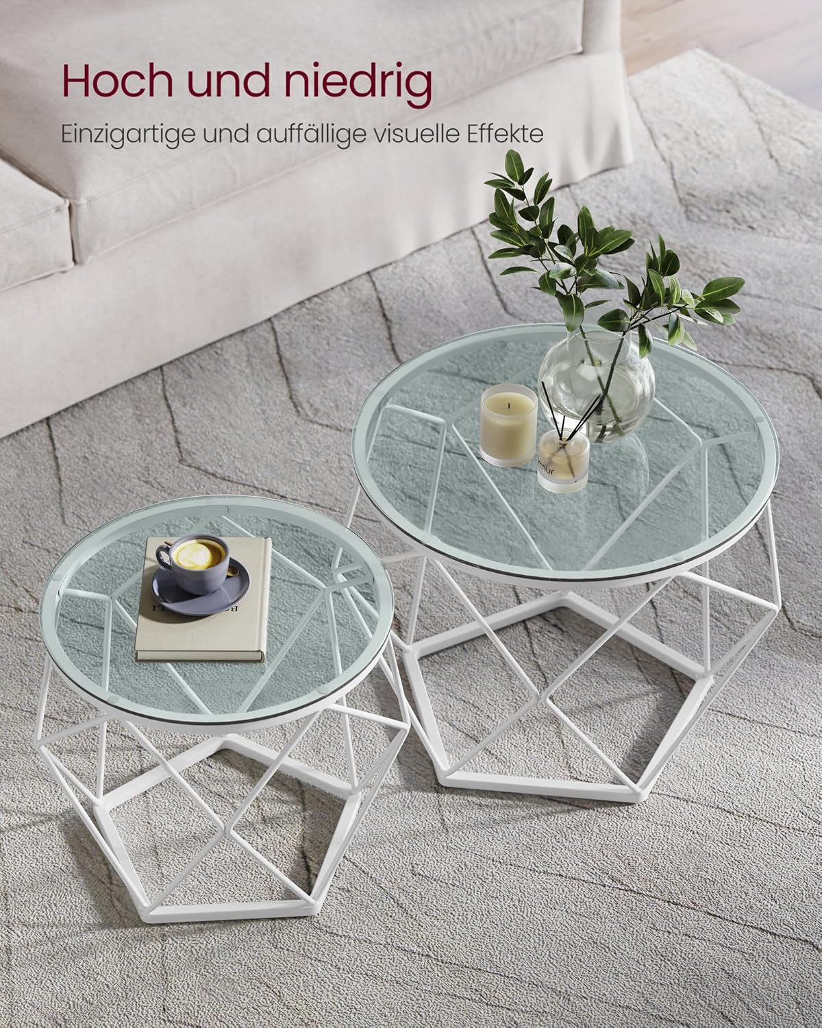 2er-Set Runder Couchtisch mit abnehmbarer Tischplatte, Transparent + Wolkenweiss