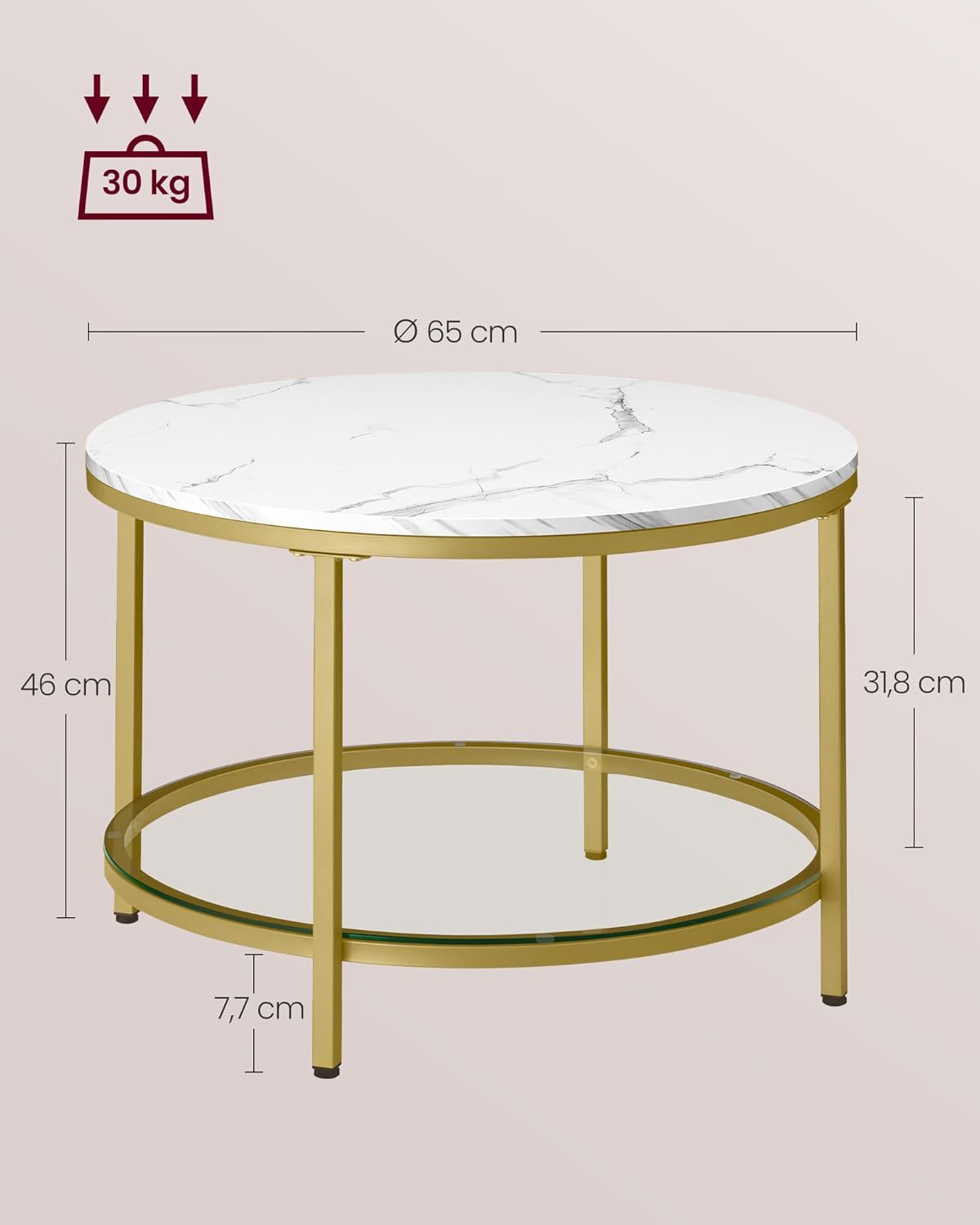 Couchtisch mit Glasplatte, 65d cm Marmorweiss + Helles Gold