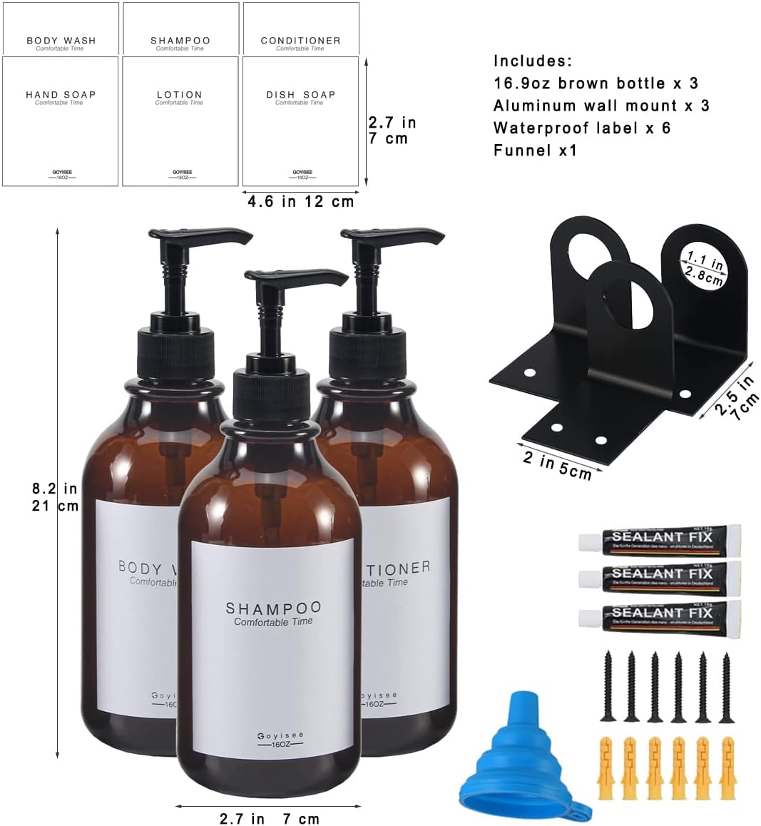 Shampoo- und Conditioner-Spender-Set für Duschwand, 3 Flaschen, 3 Wandhalterungen, Braun