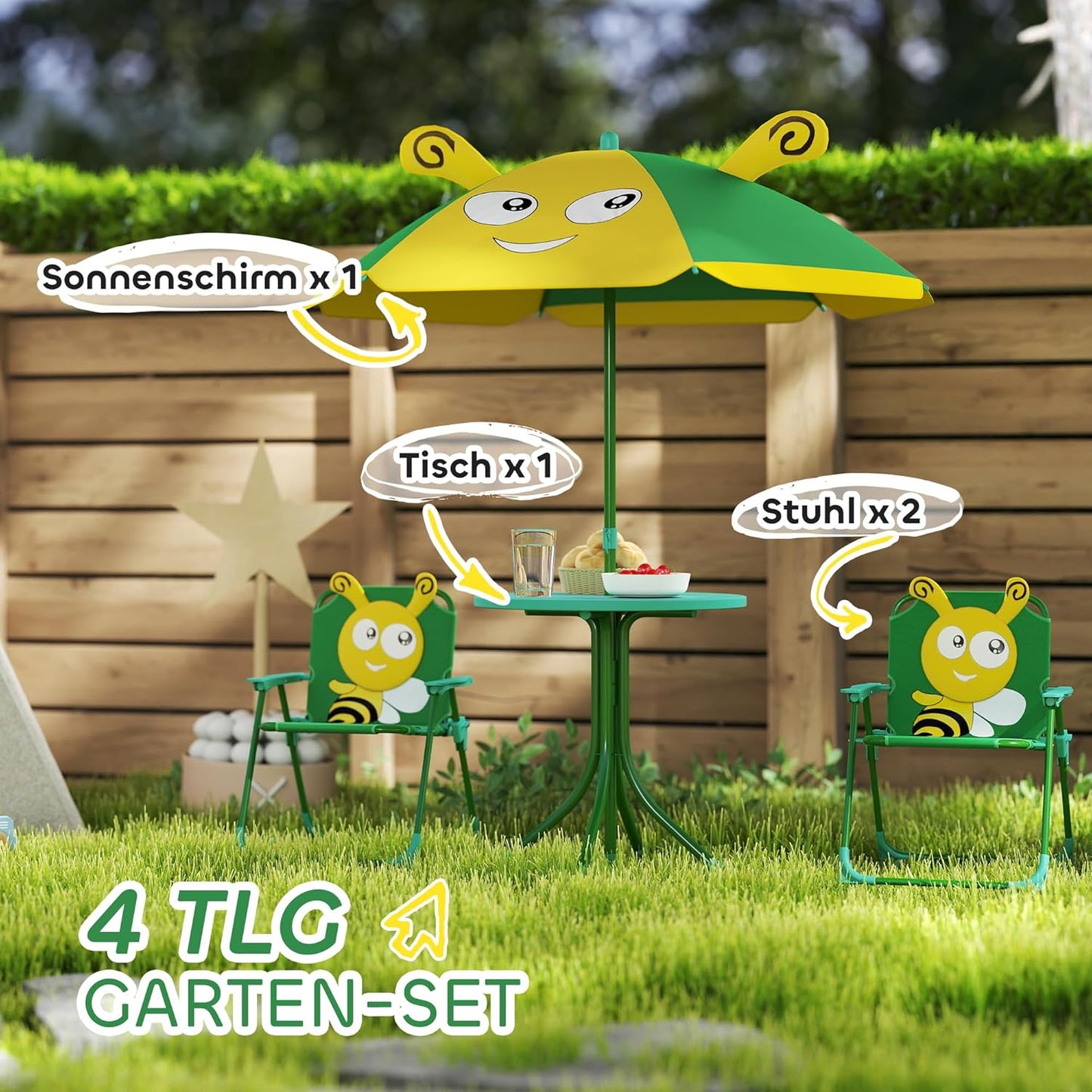 Kindersitzgruppe mit Tisch und Klappstühlen, Dunkelgrün-bienenmuster