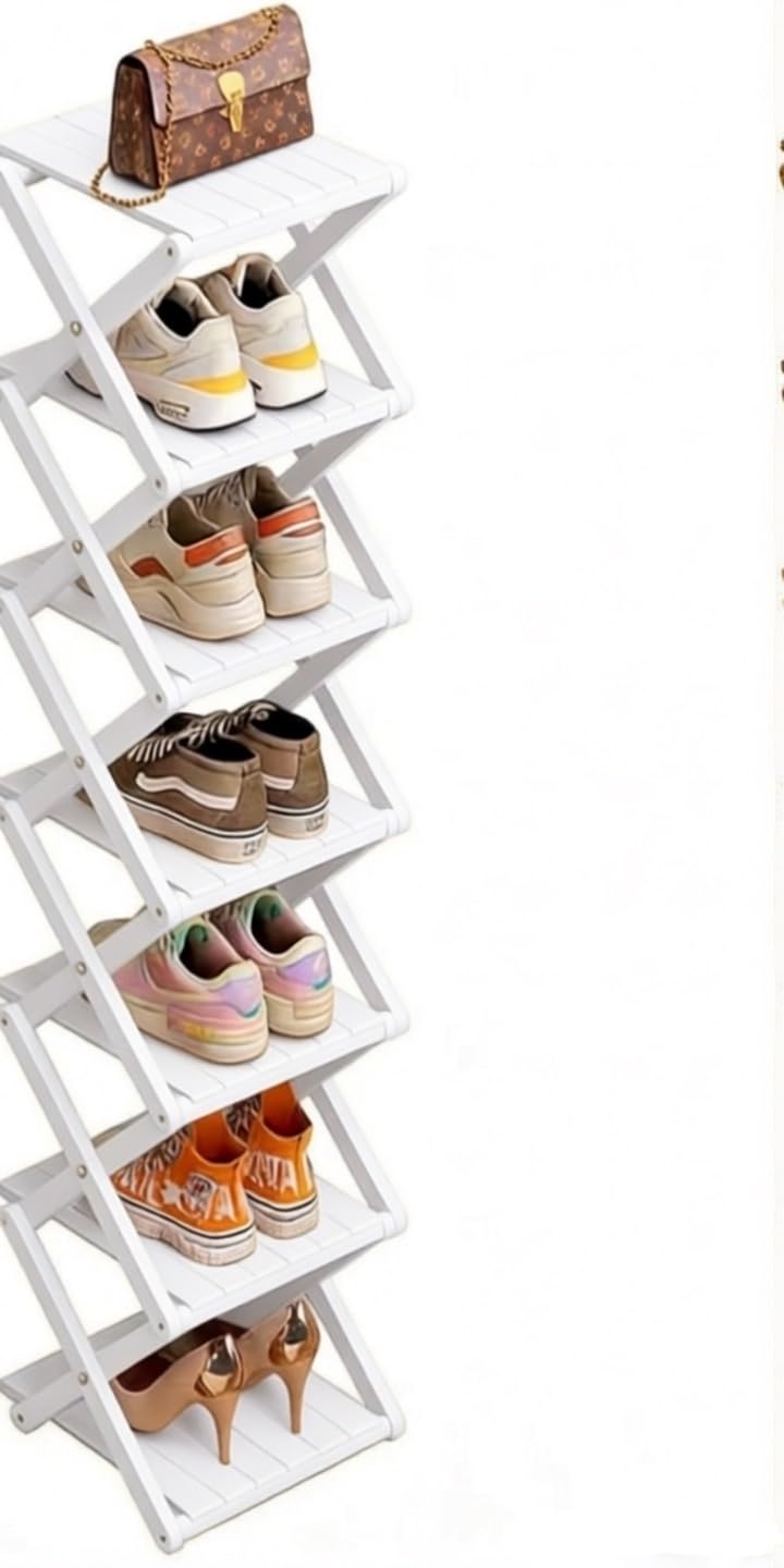 Klappbares Bambus-Schuhregal, 7-stöckig, multifunktional, Weiss 7 Ebenen