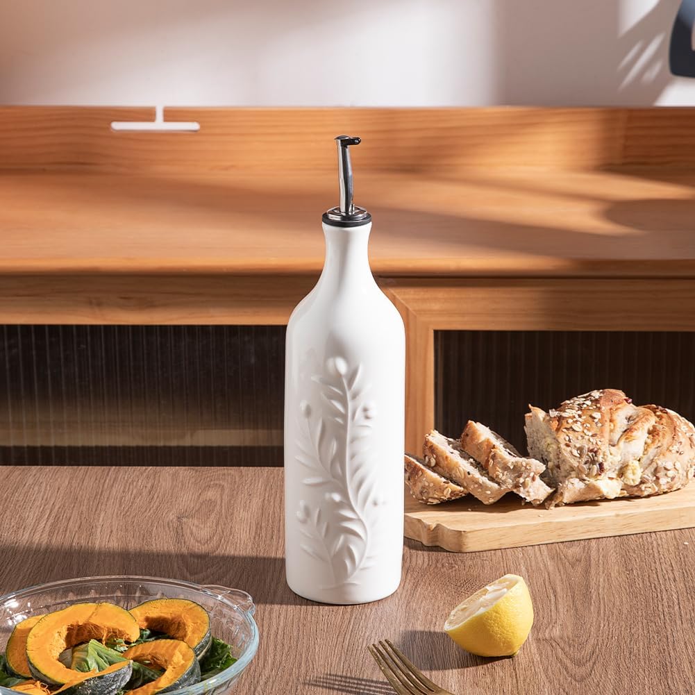 Olivenöl-Spenderflasche, Weiss Feines Olivenblatt-Relief, 700 ml