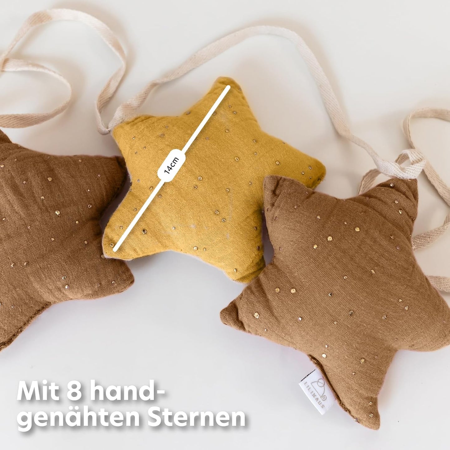 Sternenkette mit Goldapplikation, Senfgelb & Nougat Sterne mit Goldapplikation