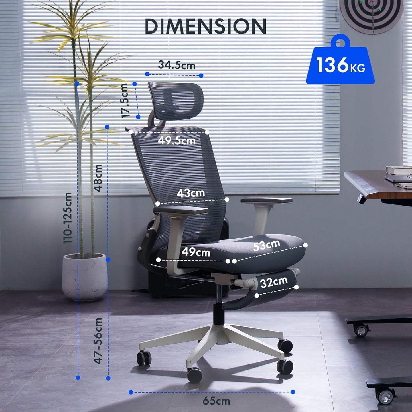 Ergonomischer klappbarer Bürostuhl mit Lendenstütze, Grau