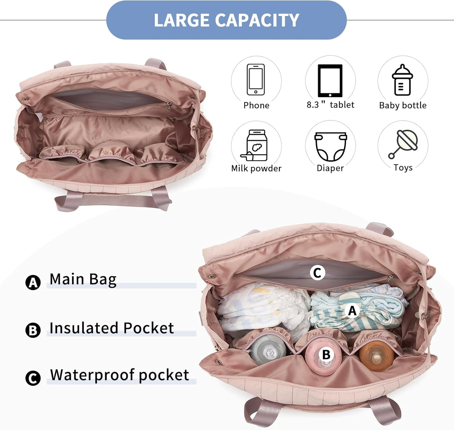 Wasserdichte Wickeltasche mit Kinderwagenhaken, Rosa