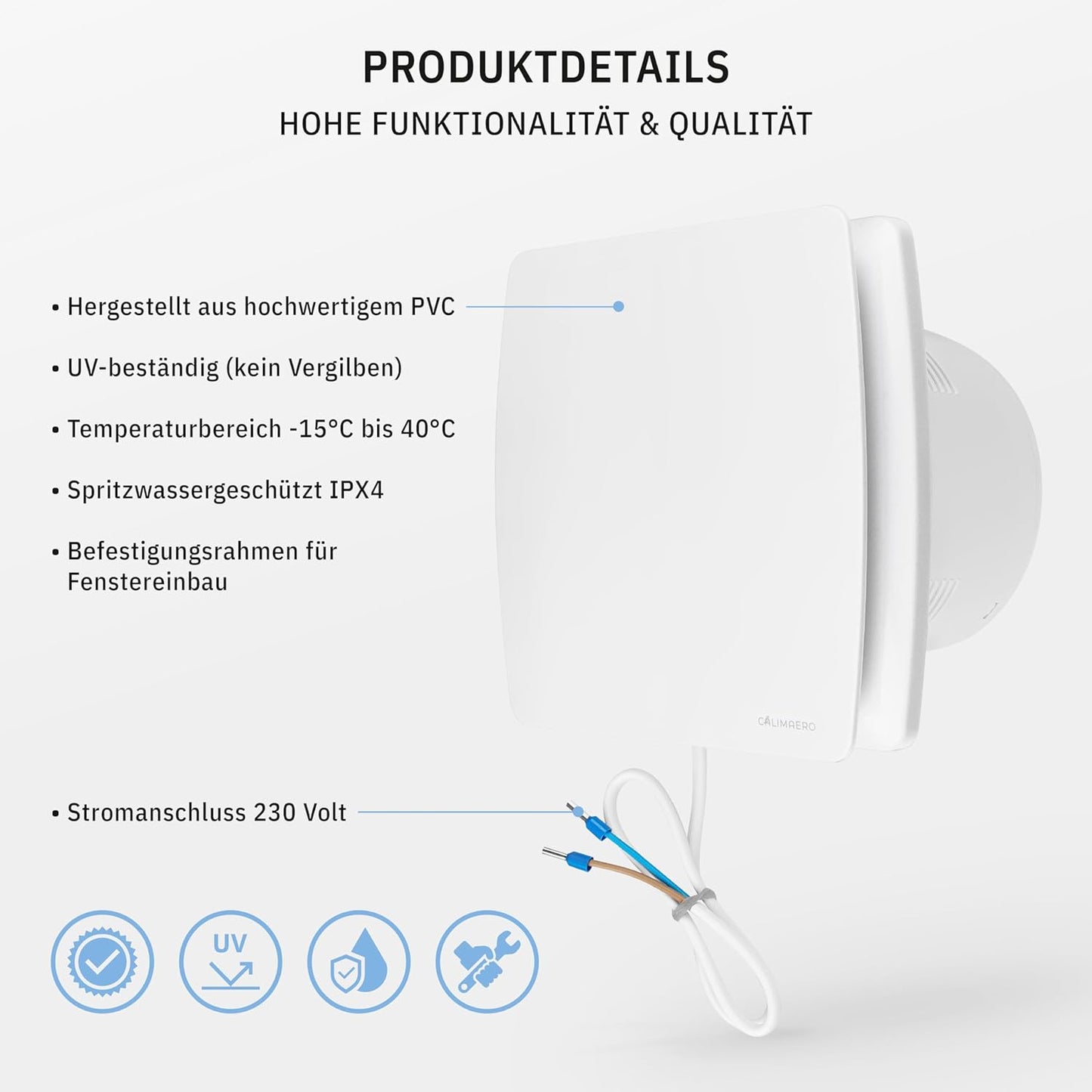 Badlüfter mit Feuchtigkeitssensor, 150 mm Weiss