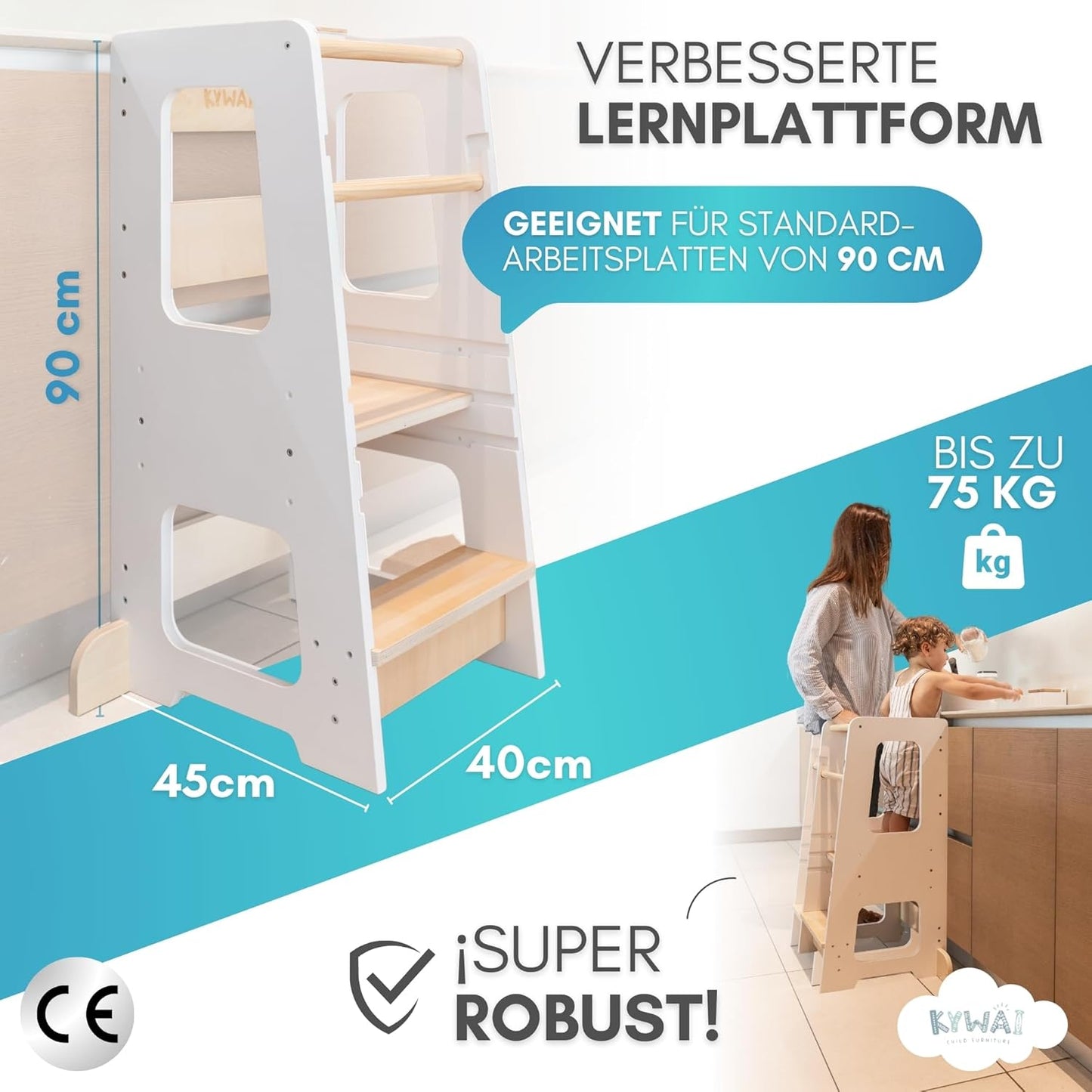Höhenverstellbarer Lernturm mit Sicherheitsbarriere und Antirutschstreifen, Weiss