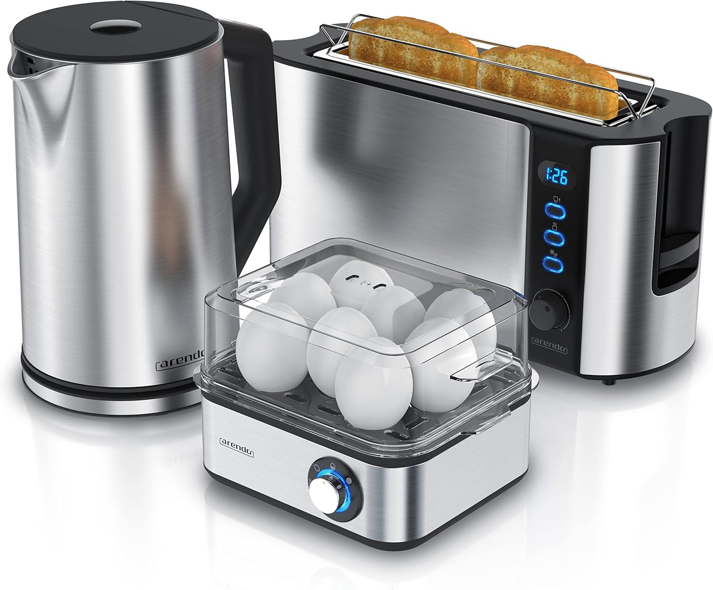 3-teiliges Frühstücks-Set: Wasserkocher, Toaster & Eierkocher, B: Silber