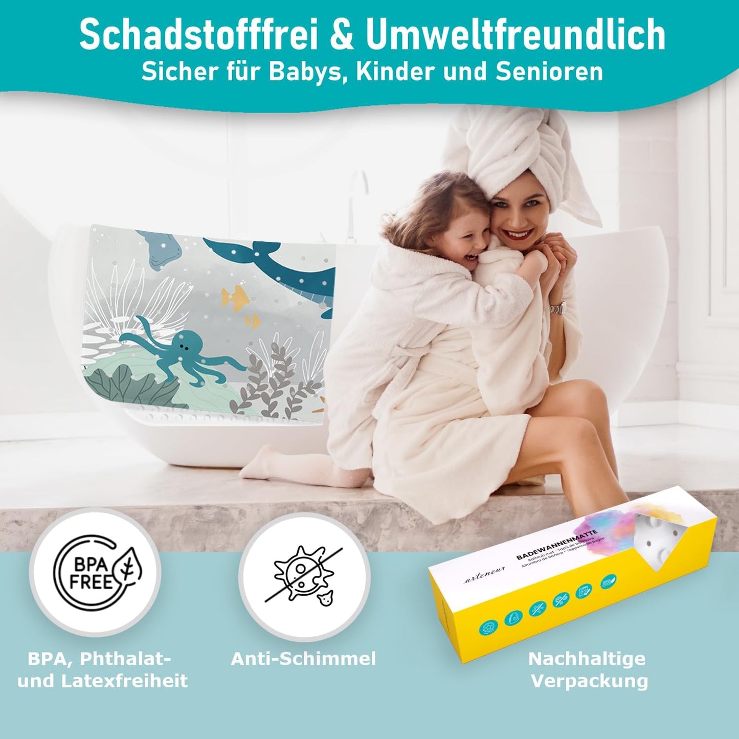 Rutschfeste Badewannenmatte, 100x40 cm, Badewannenmatte Wasserwelt Grau