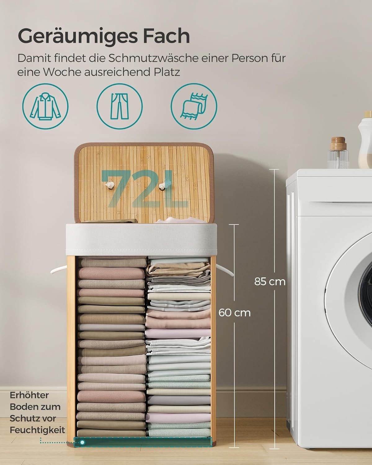 Wäschekorb mit Deckel, 72 Liter, 72 L Naturfarben