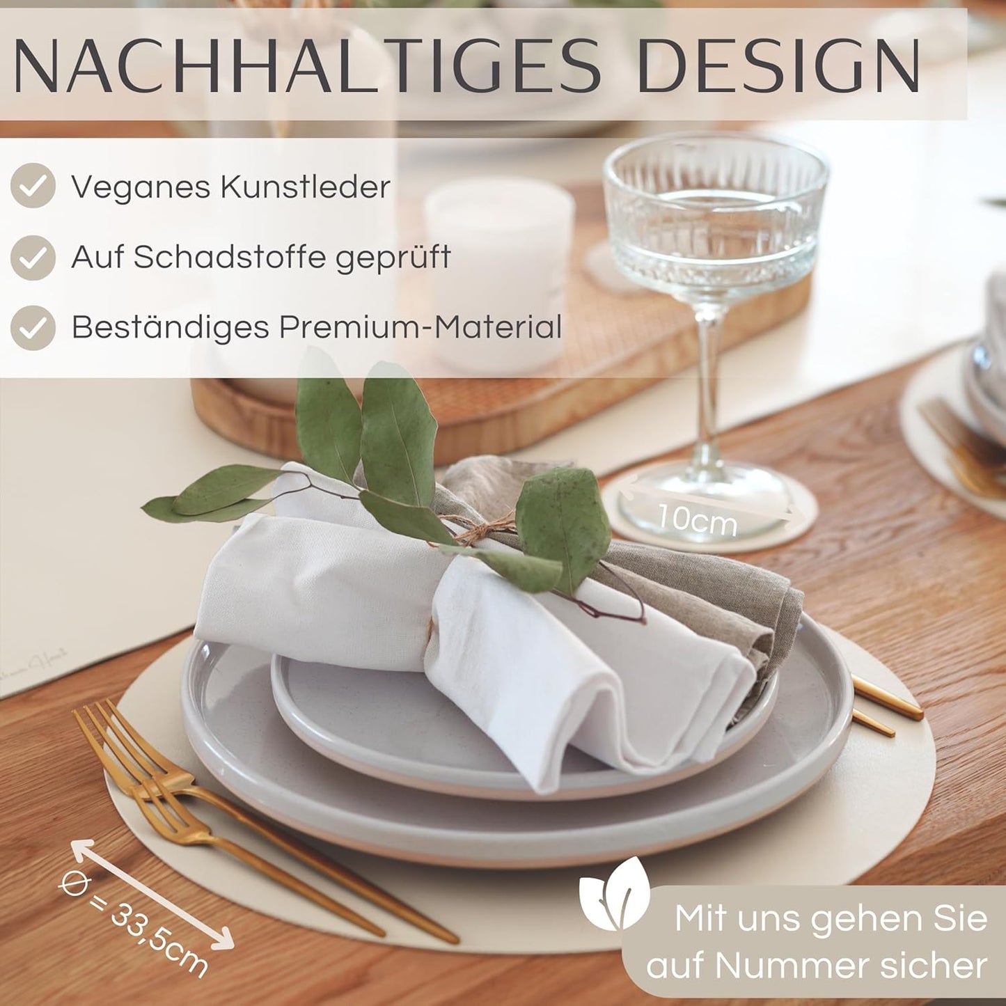 6er-Set abwaschbare Tischsets mit Glasuntersetzer, Rund Cremebeige