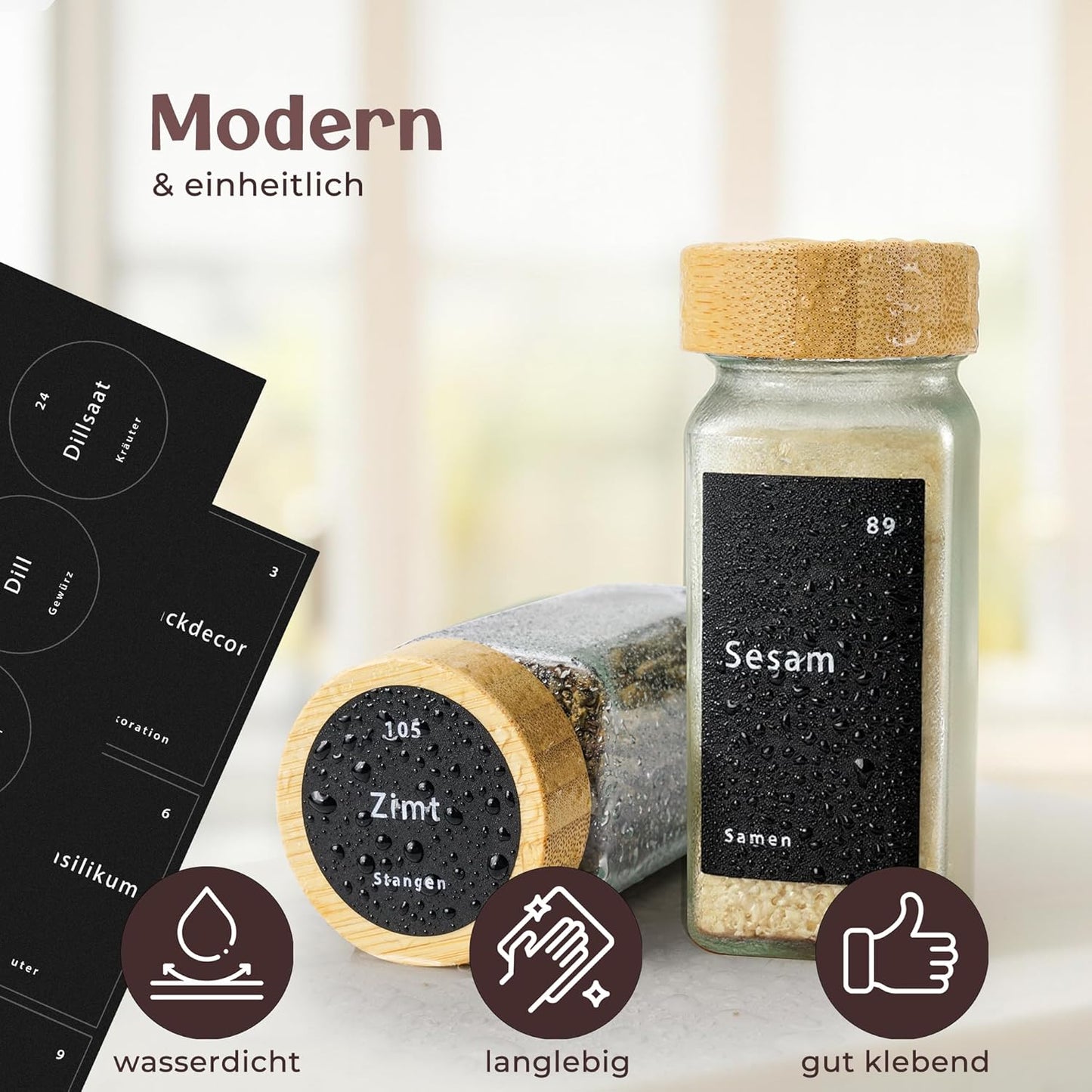 Gewürzgläser Set mit Bambusdeckeln, Natur