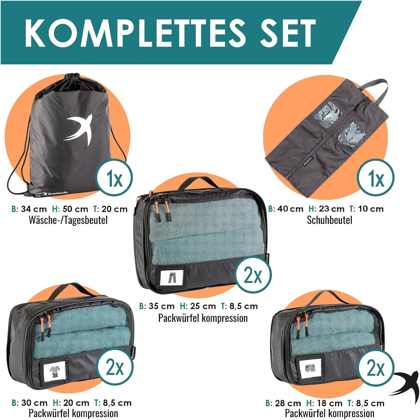8-teiliges Kompressions-Packwürfel-Set, Schwarz 8-teiliges Set